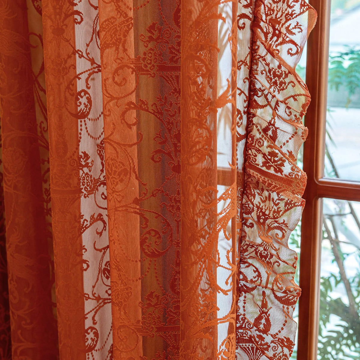 TUDECO Lace Maroon Curtains 96 Inches Long 1 Pair - French Floral Sheer Burgundy Curtains for Living Room, Art Decor Rod Pocket Ruffled Edges Dark Wine Red Drapes, 59 x 96 Inch, Burgundy