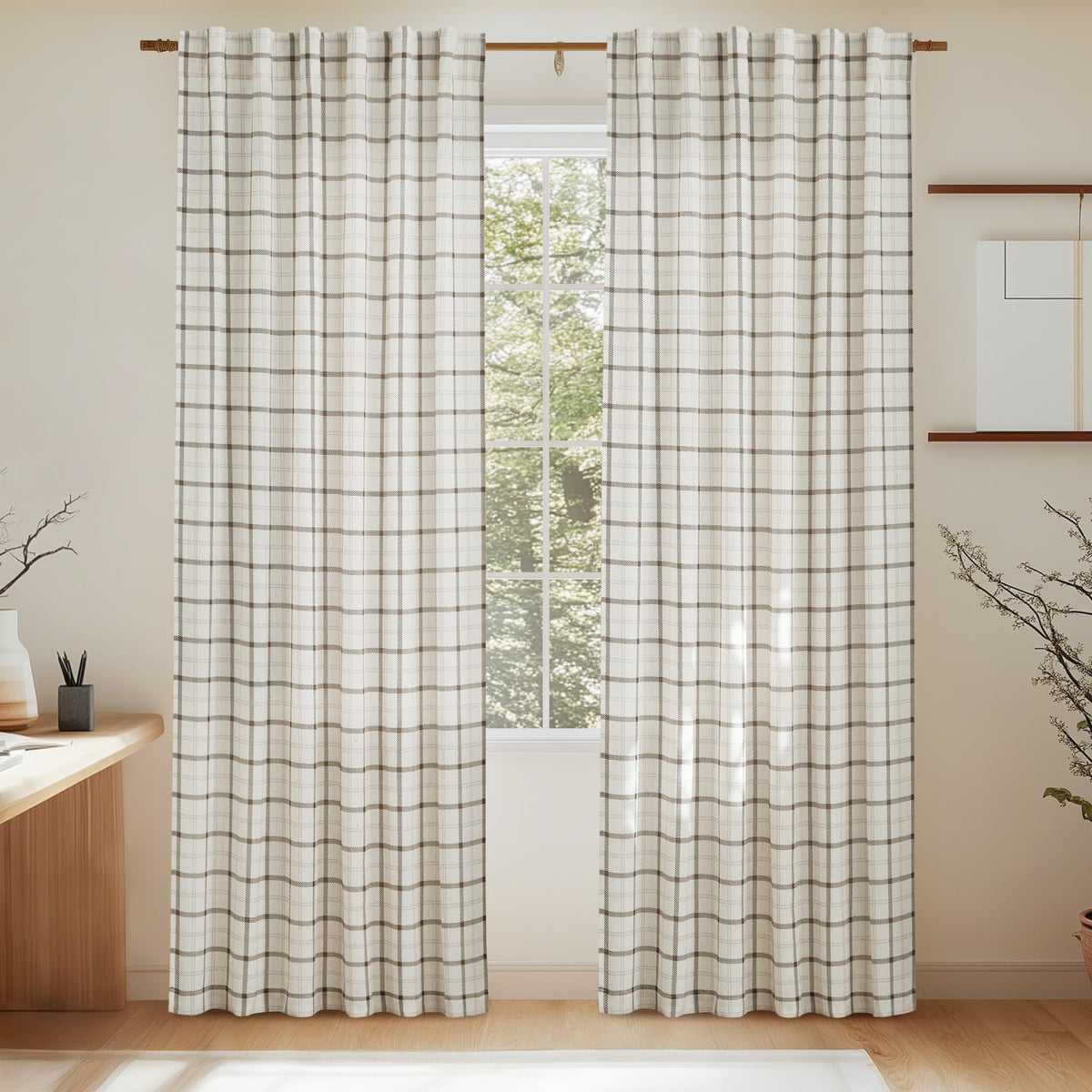 NICETOWN Moss Green Linen Plaid Curtains 96 inches Long for Bedroom