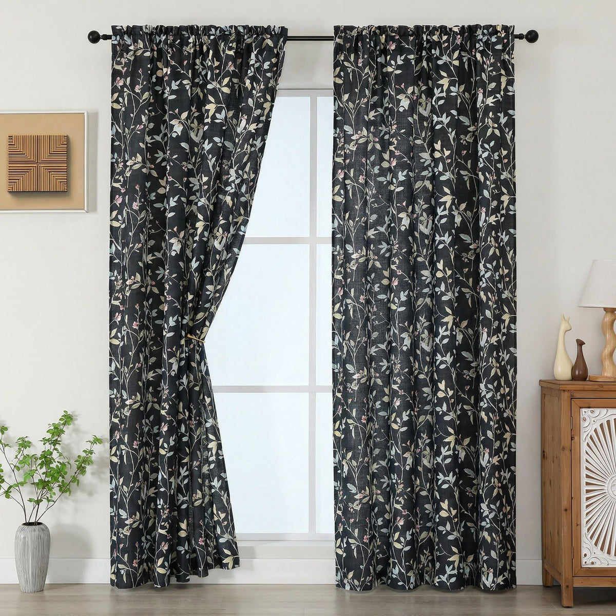 Chyhomenyc Roman Linen Blend Curtains 45 Inch Length 2 Panels, Light Filtering Soft Airy Leaf Floral Printed Rod Pocket Textured Window Treatment Drapes for Living Room Bedroom, 38Wx45L Inch, 2 PCS