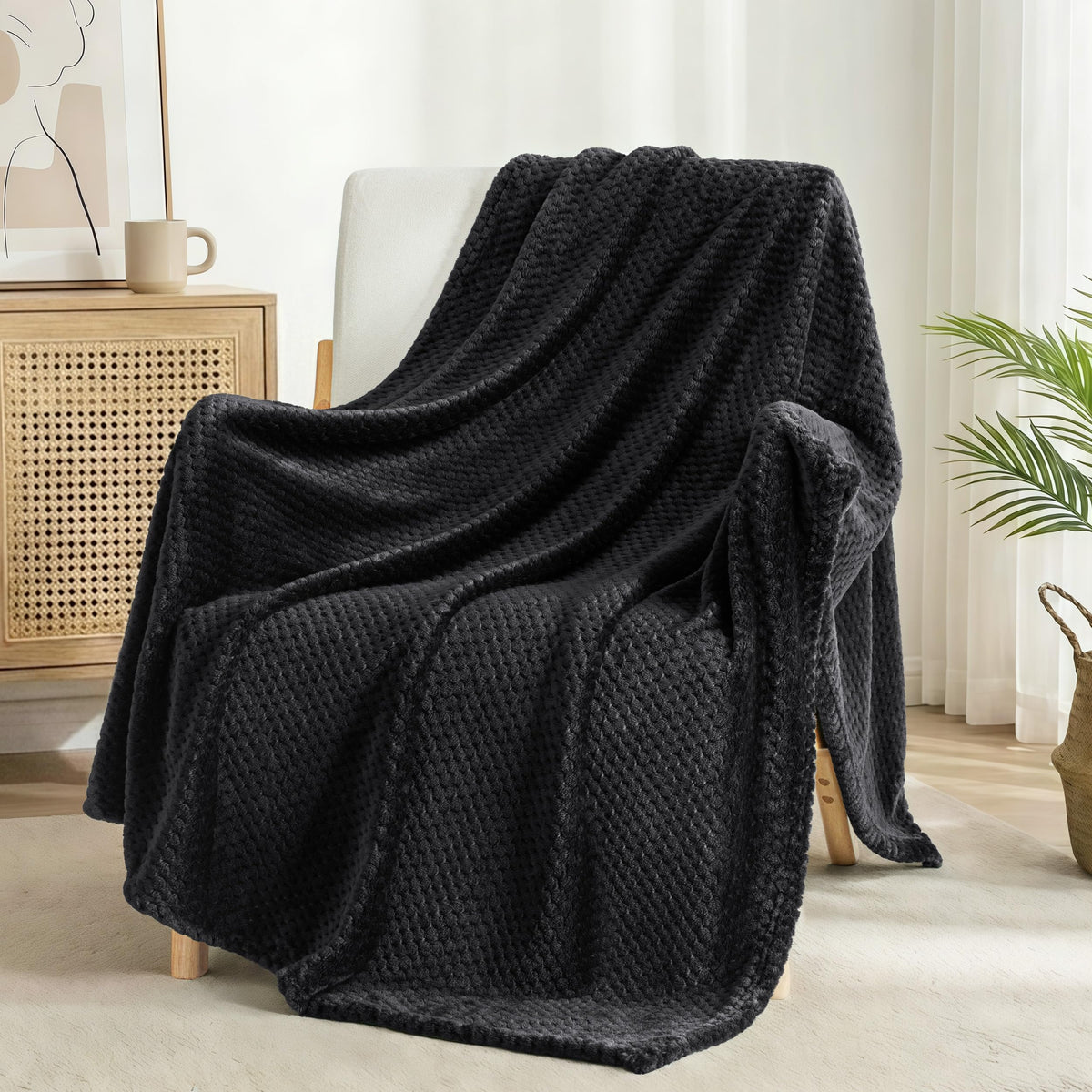 Exclusivo Mezcla Large Waffle Fleece Throw Blanket for Couch, Slate Blue