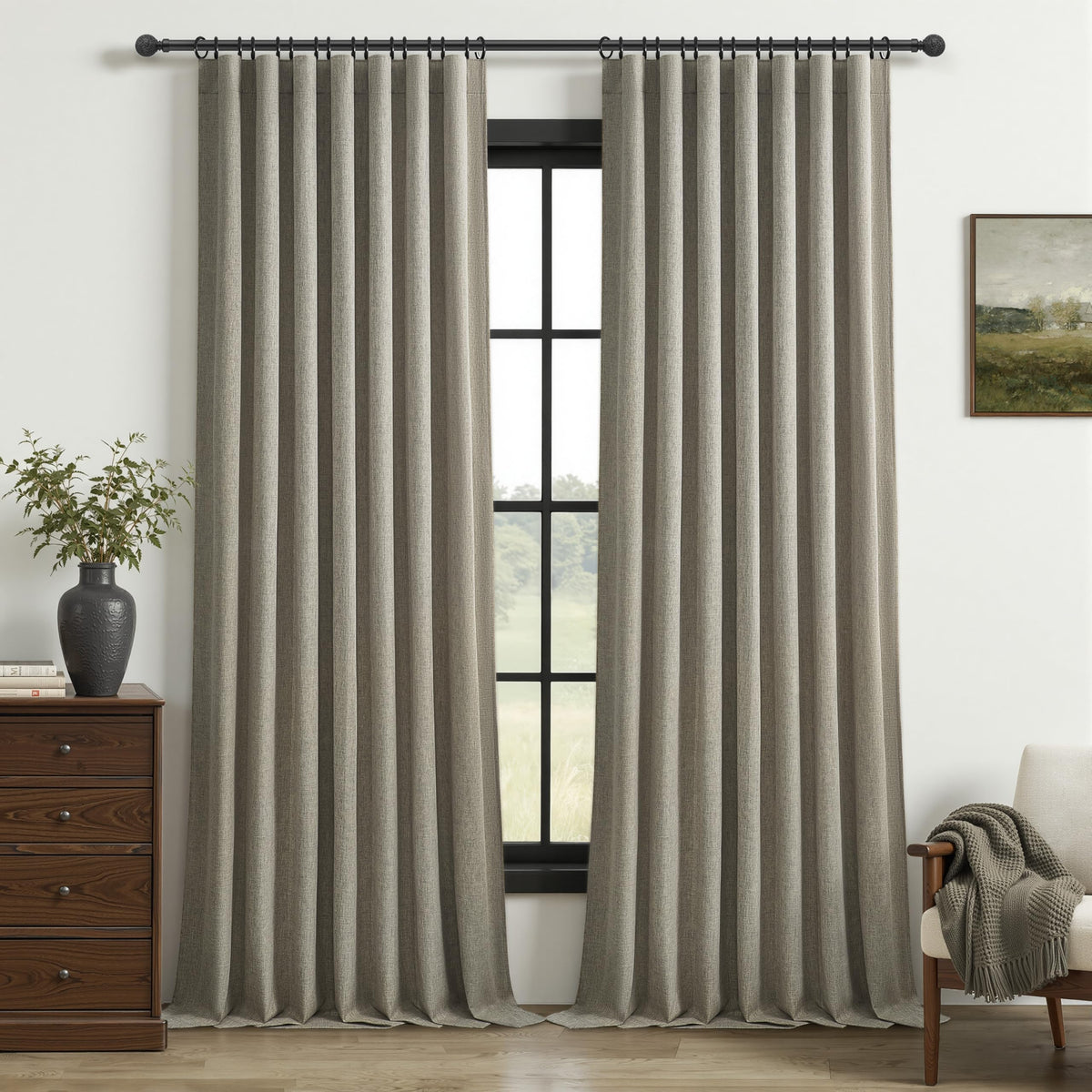 100% Blackout Curtains 84 Inch Length 2 Panels Set Farmhouse Style for Bedroom Windows/Living Room Thermal Insulated Neutral Boho Drapes Linen Blend Natural Ivory 7ft Long Hook Belt Pleated/Back Tab