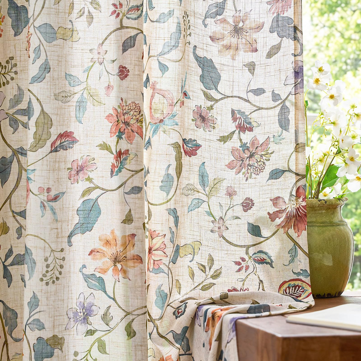 jinchan Beige Floral Linen Curtains 84 Inch Farmhouse Back Tab 2 Panels