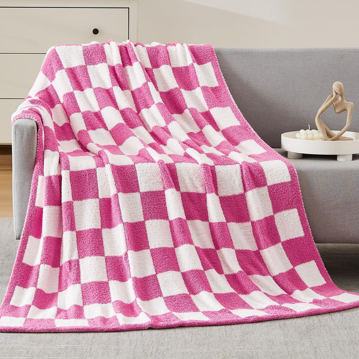 WRENSONGE Soft Checkered Throw Blanket for Couch-Cozy Warm Knitted Blankets