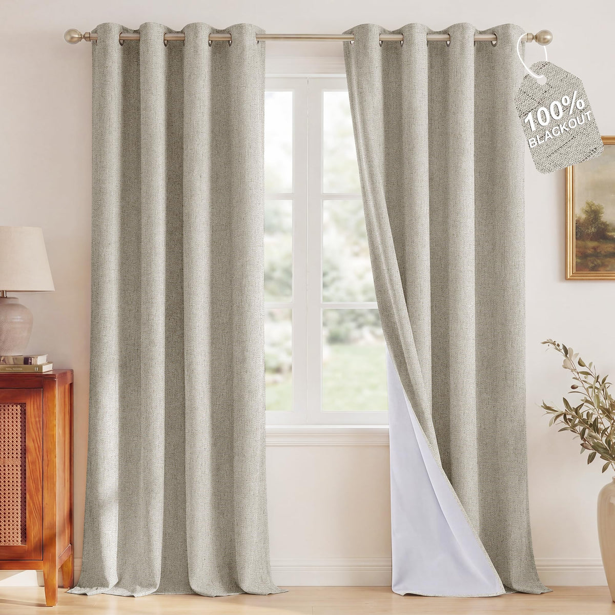 NICETOWN Beige Linen Blackout Curtains 84 Inches Long, W52xL84, 2 Panels