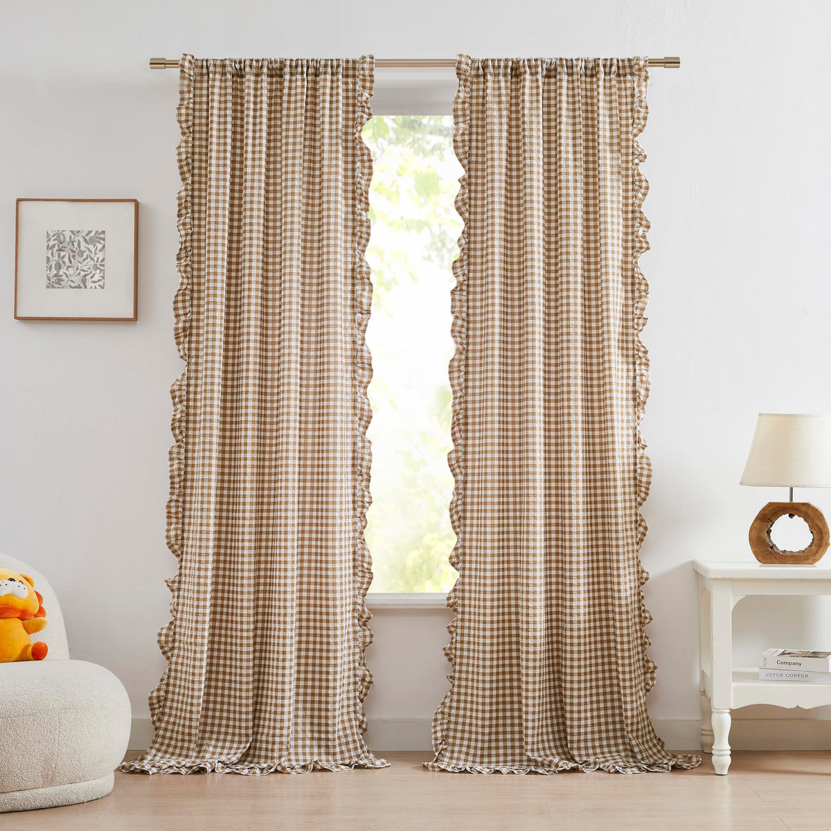 ZJDECOR Brown White Buffalo Plaid Curtains 84 Inches Long for Bedroom
