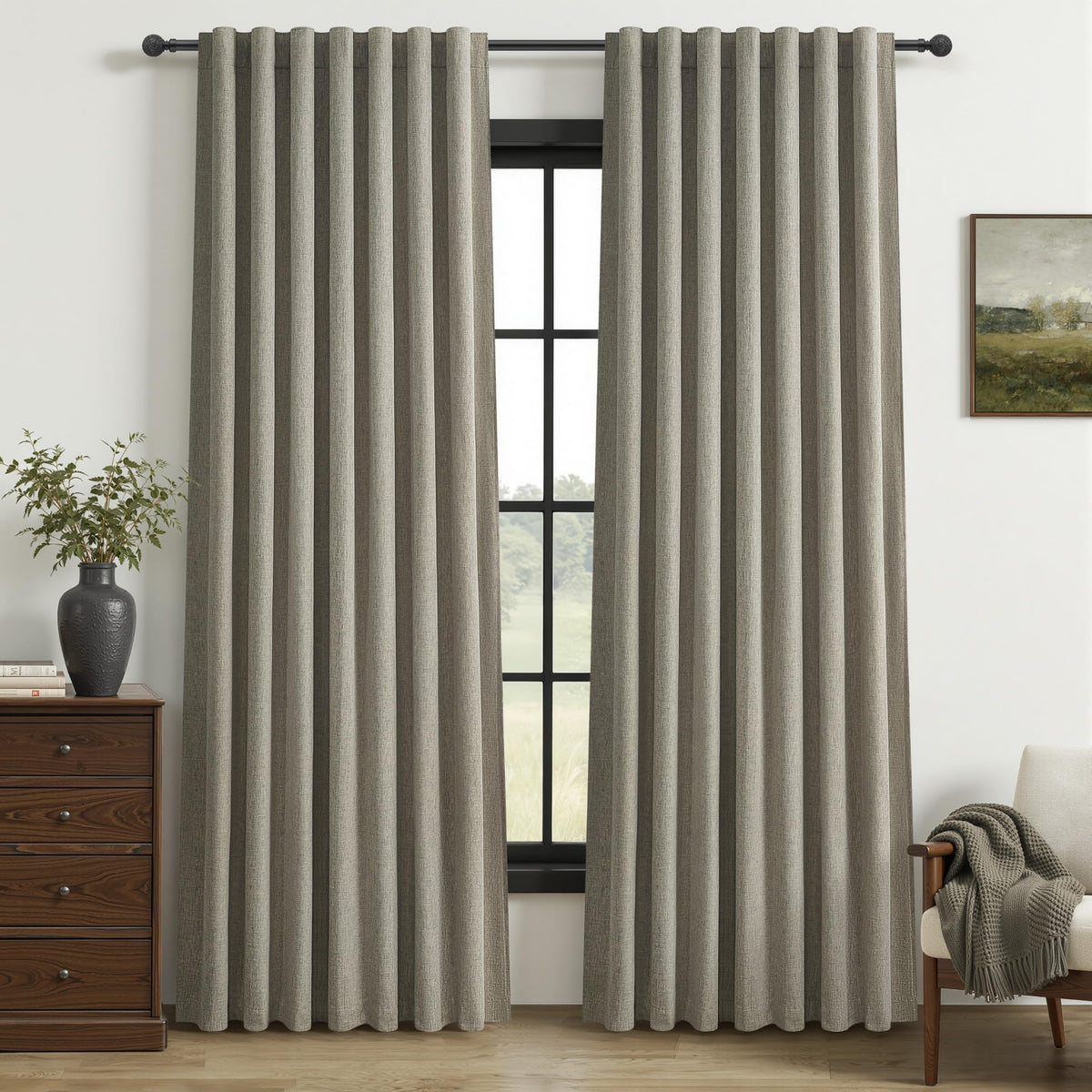 100% Blackout Curtains 84 Inch Length 2 Panels Set Farmhouse Style for Bedroom Windows/Living Room Thermal Insulated Neutral Boho Drapes Linen Blend Natural Ivory 7ft Long Hook Belt Pleated/Back Tab