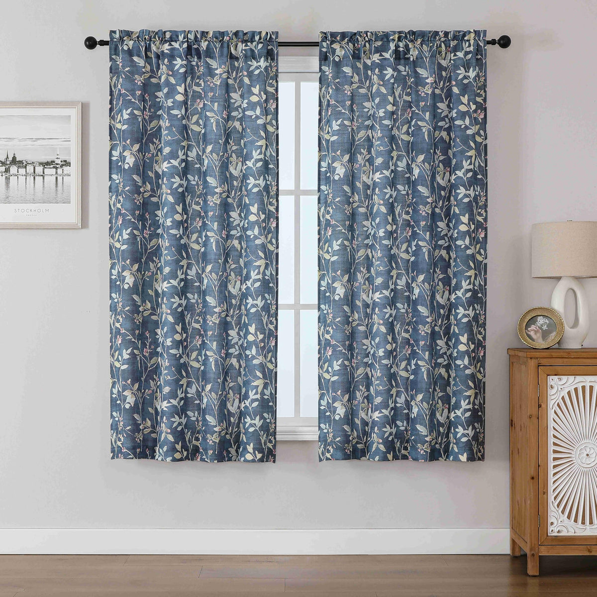 Chyhomenyc Roman Linen Blend Curtains 45 Inch Length 2 Panels, Light Filtering Soft Airy Leaf Floral Printed Rod Pocket Textured Window Treatment Drapes for Living Room Bedroom, 38Wx45L Inch, 2 PCS