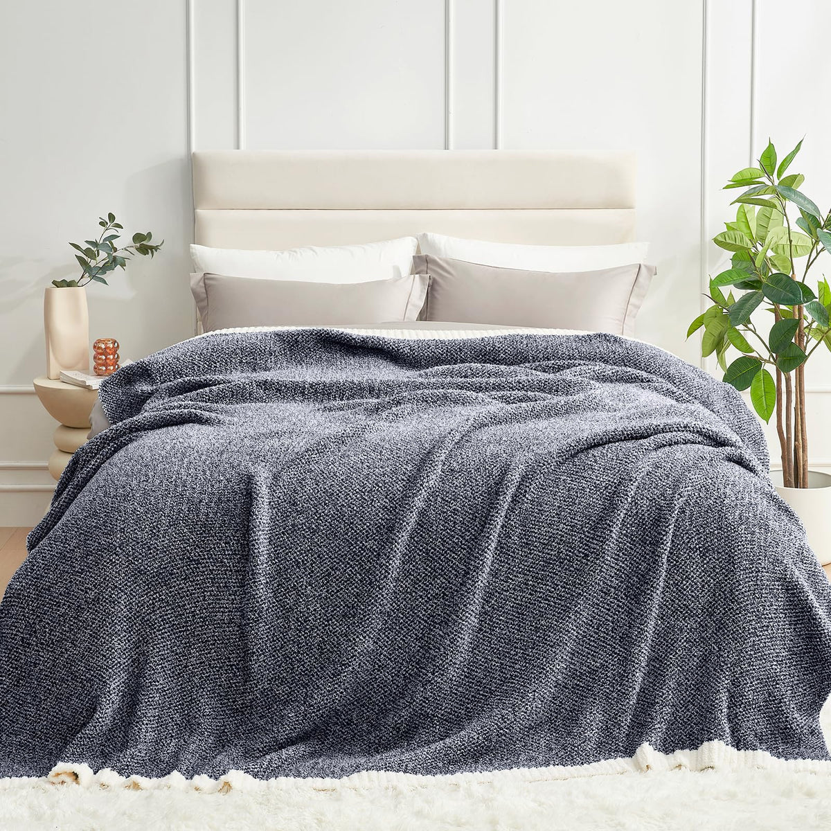 Snuggle Sac Buttery Ivory Throw Blanket for Couch, Reversible Super Soft Knitted Blankets, Warm Cozy Knit Fuzzy Plush Lightweight Throws Dupes for Sofa, Bed, Picnic, Ivory, 50 x 60 inches