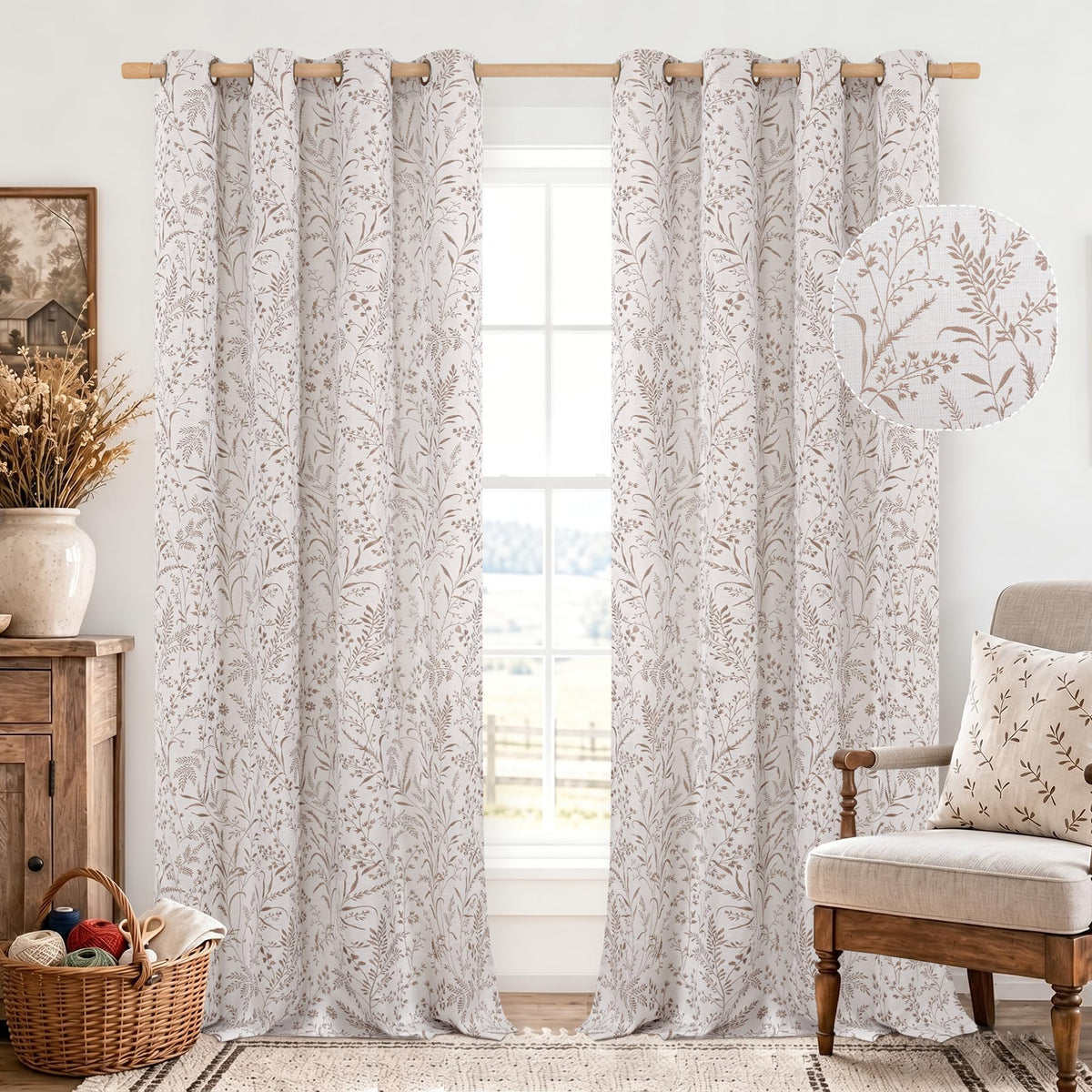 BGment Green Leaf Linen Curtains for Living Room 84 Inch Length 2 Panels