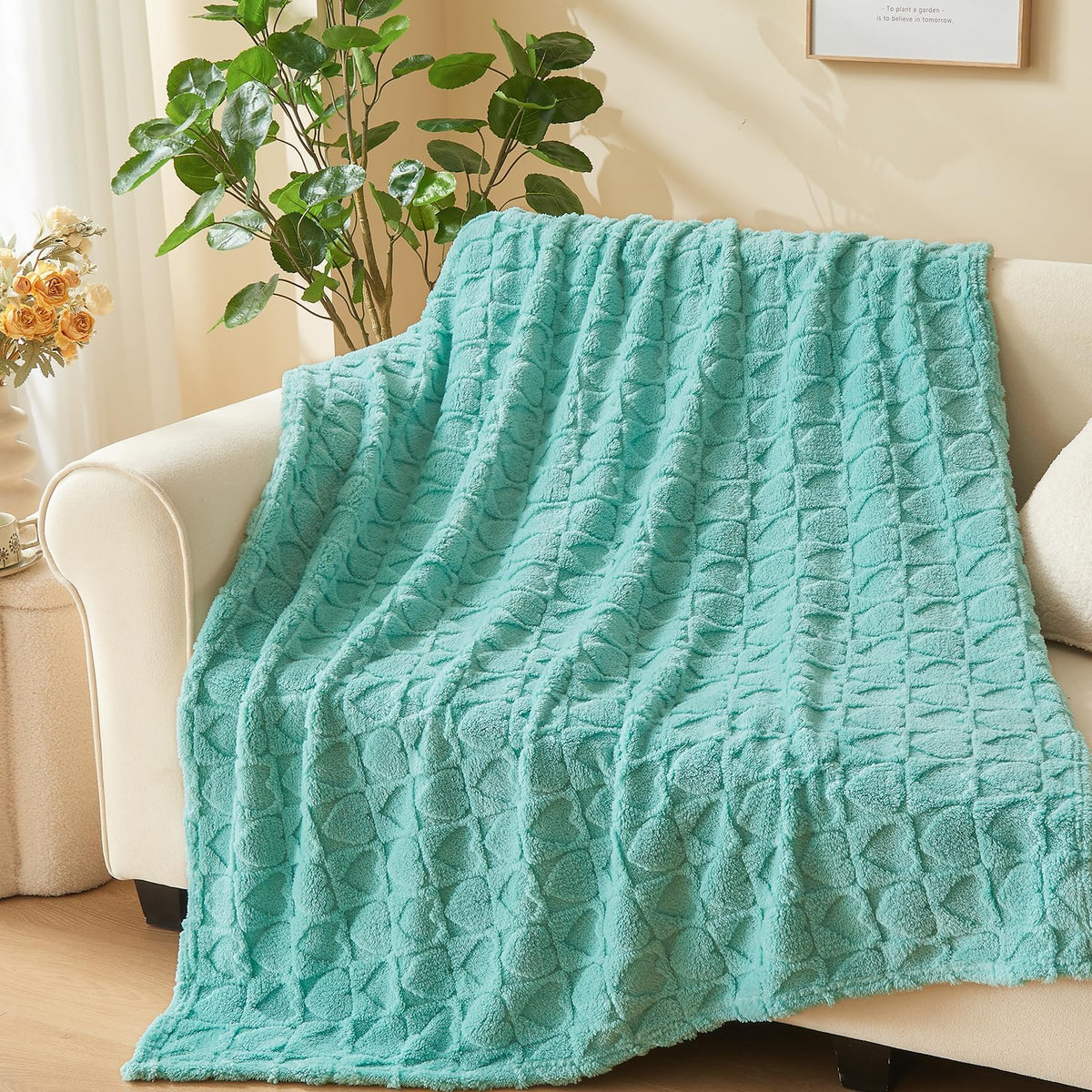 NEWCOSPLAY 3D Checkered Flannel Throw Blanket, Ivory Checkered, 50"x70"