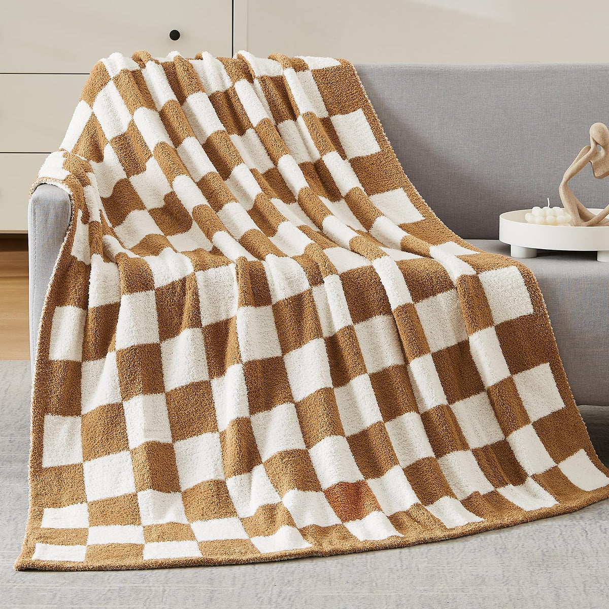 WRENSONGE Soft Checkered Throw Blanket for Couch-Cozy Warm Knitted Blankets