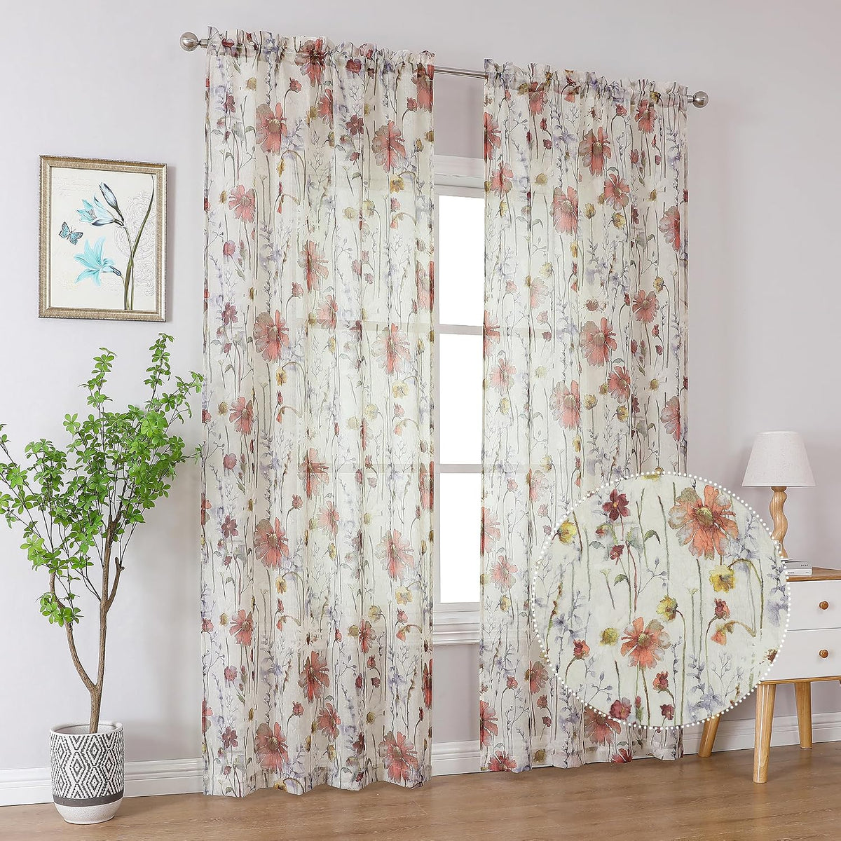 OWENIE Crushed Sheer Curtains 84 Inch Length 2 Panels Set, Sheer Floral Curtains Printed Drapes on Sheers for Living Room, Rod Pocket Light Filtering Window Sheers (2 Panels, 42" x 84")