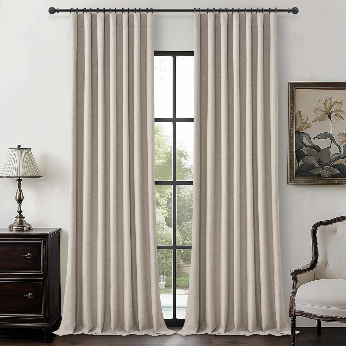 100% Blackout Curtains 84 Inch Length 2 Panels Set Farmhouse Style for Bedroom Windows/Living Room Thermal Insulated Neutral Boho Drapes Linen Blend Natural Ivory 7ft Long Hook Belt Pleated/Back Tab