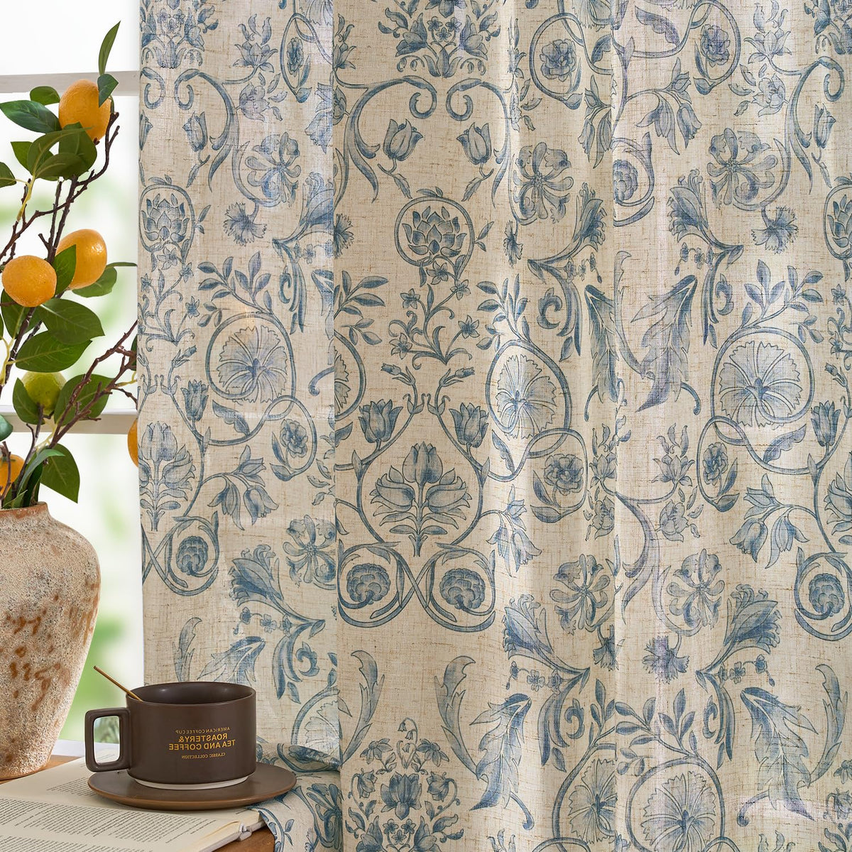 jinchan Beige Floral Linen Curtains 84 Inch Farmhouse Back Tab 2 Panels