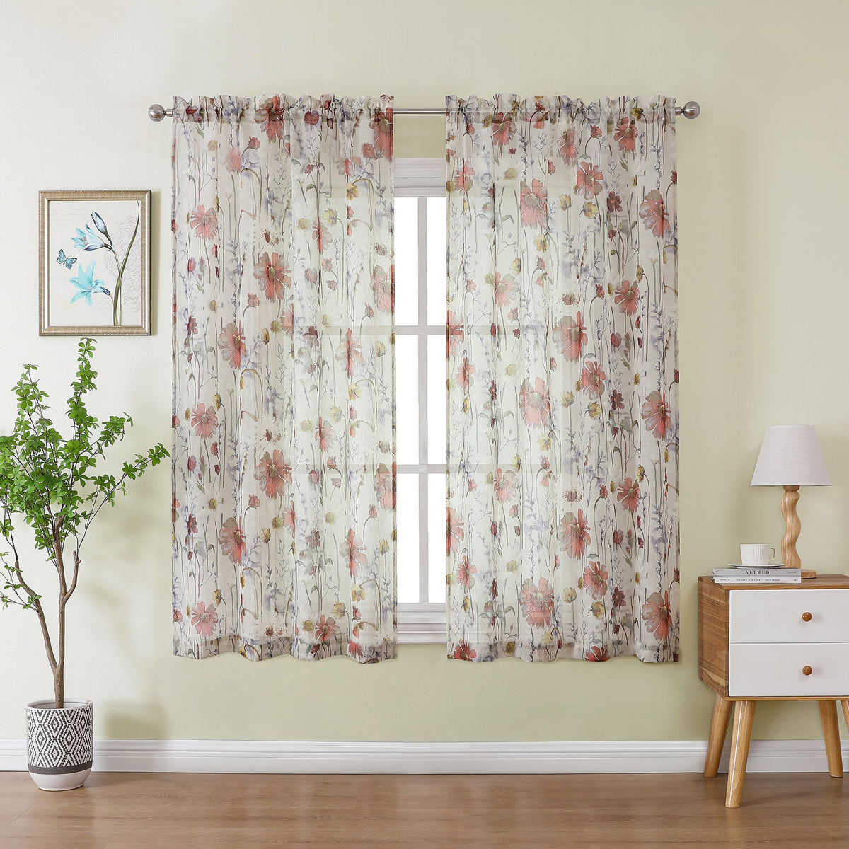 OWENIE Crushed Sheer Curtains 84 Inch Length 2 Panels Set, Sheer Floral Curtains Printed Drapes on Sheers for Living Room, Rod Pocket Light Filtering Window Sheers (2 Panels, 42" x 84")