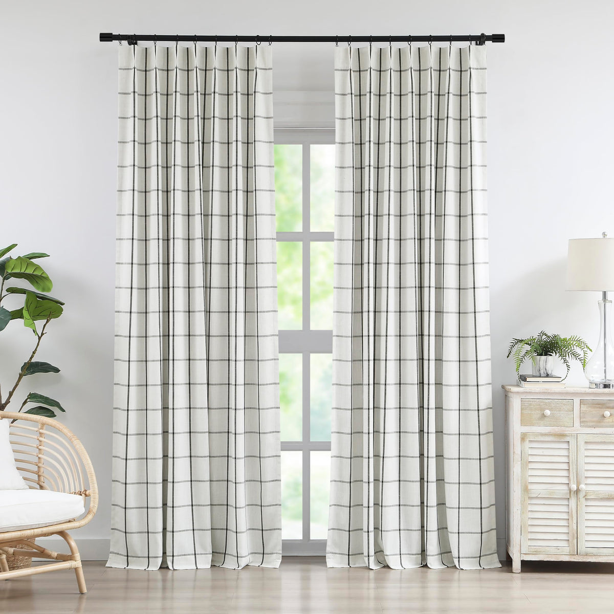 Vision Home Blue Plaid Linen Pinch Pleated Full Blackout Curtains 40Wx84Lx2