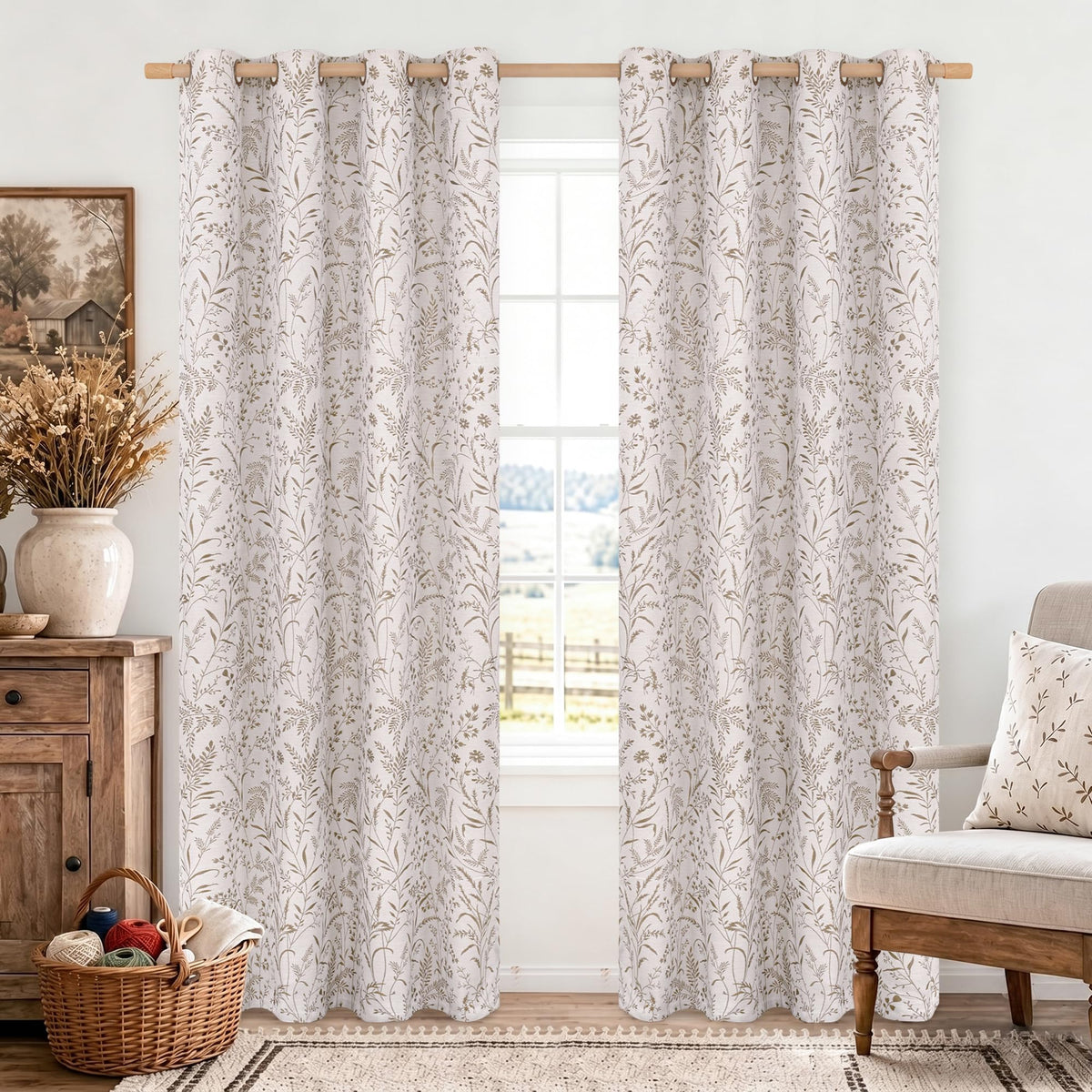BGment Green Leaf Linen Curtains for Living Room 84 Inch Length 2 Panels