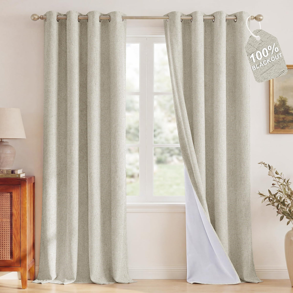NICETOWN Beige Linen Blackout Curtains 84 Inches Long, W52xL84, 2 Panels