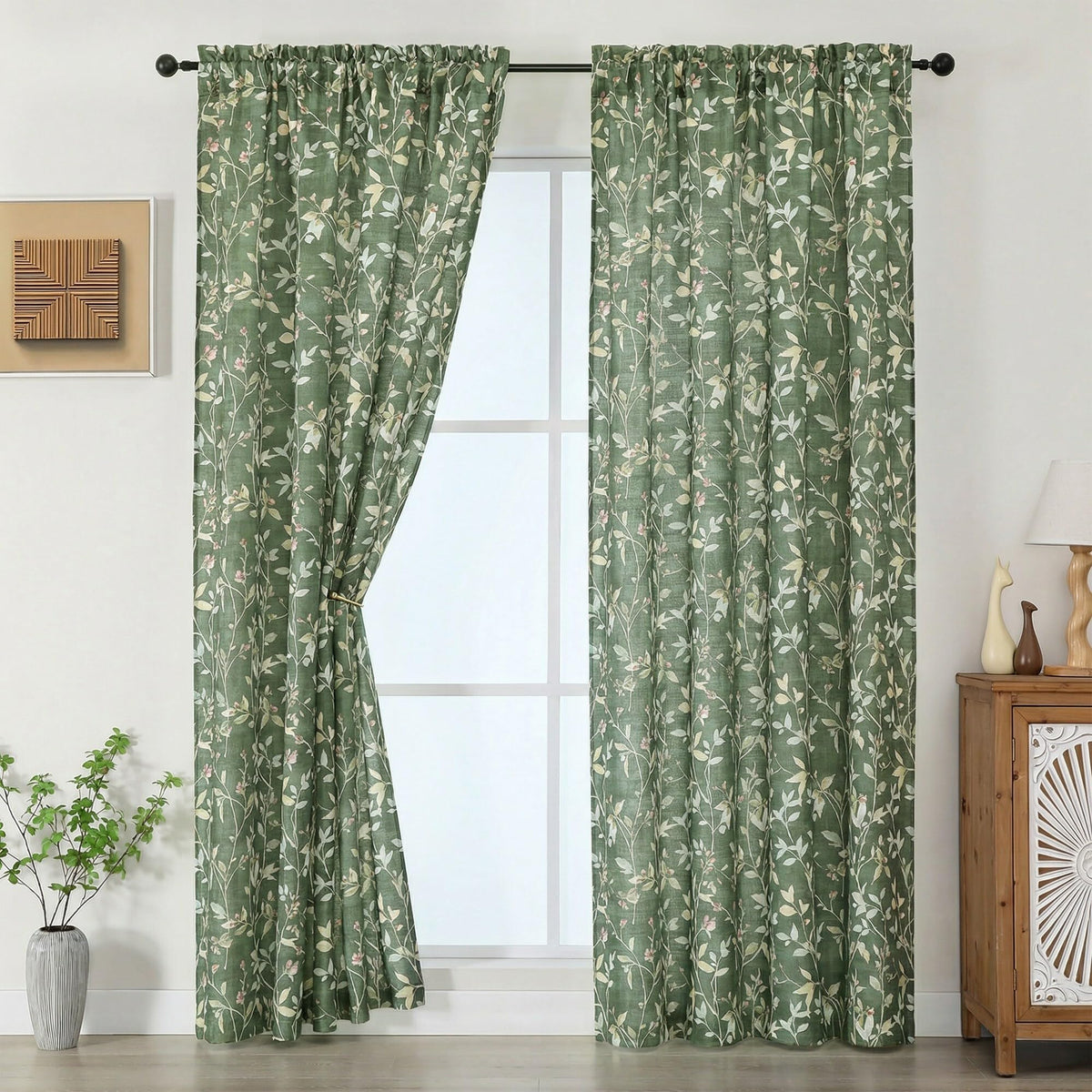 Chyhomenyc Roman Linen Blend Curtains 45 Inch Length 2 Panels, Light Filtering Soft Airy Leaf Floral Printed Rod Pocket Textured Window Treatment Drapes for Living Room Bedroom, 38Wx45L Inch, 2 PCS