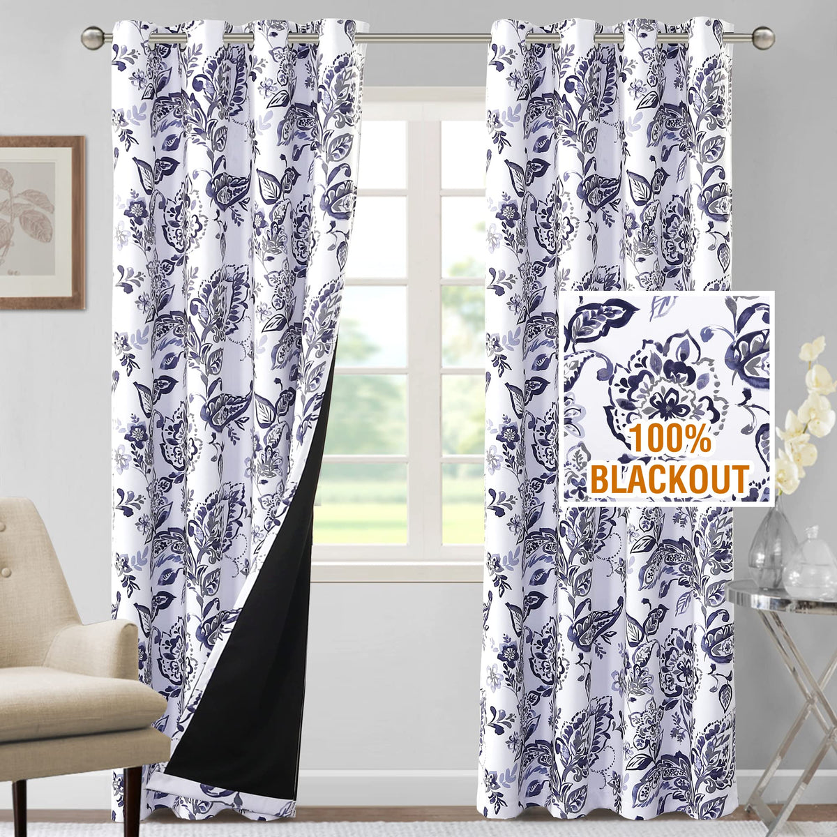 H.VERSAILTEX 100% Blackout Curtains 84 inch Length 2 Panels Set Cattleya Floral Printed Drapes Leah Floral Thermal Curtains for Bedroom with Black Liner Sound Proof Curtains, Grey and Taupe