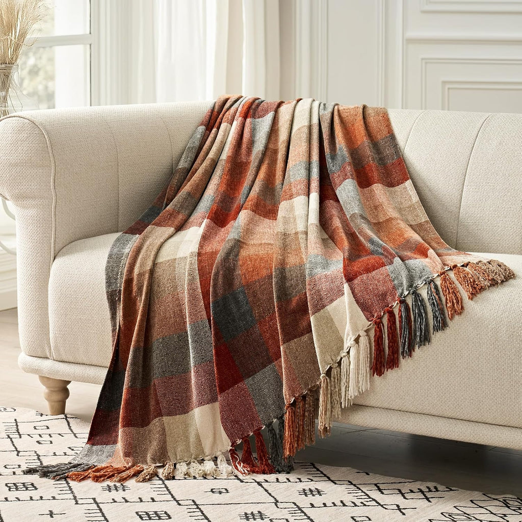 EverGrace Plaid Chenille Fall Throw Blanket, 50"x60", Harvest Orange Plaid
