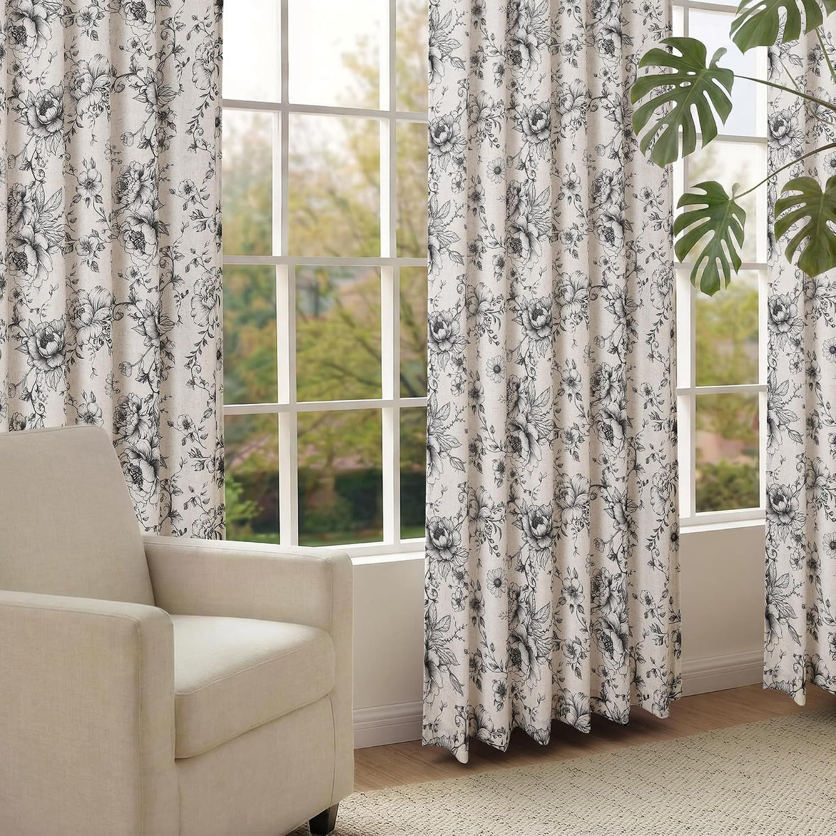 XWZO Floral Curtains for Living Room Linen Farmhouse Curtains 84 Inch Length Black Floral Patterned Curtain Peony Flower Printed Back Tab Curtain Bedroom Window Drapes 2 Panels