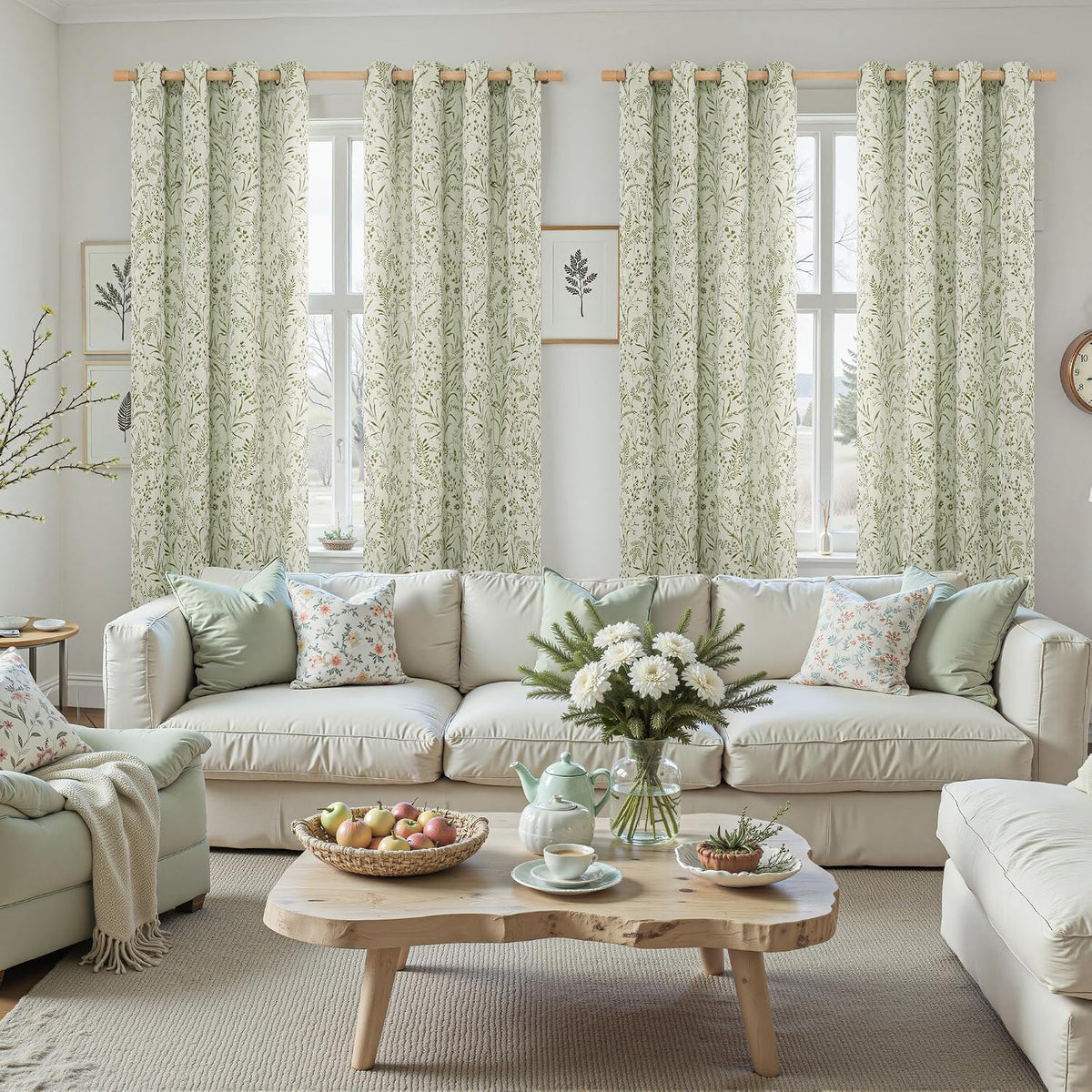 BGment Green Leaf Linen Curtains for Living Room 84 Inch Length 2 Panels