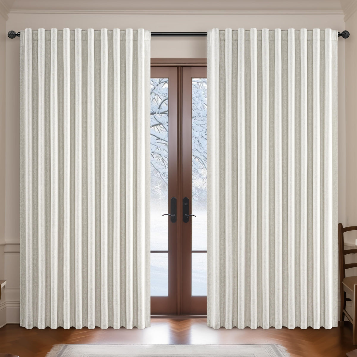 100% Blackout Curtains 84 Inch Length 2 Panels Set Farmhouse Style for Bedroom Windows/Living Room Thermal Insulated Neutral Boho Drapes Linen Blend Natural Ivory 7ft Long Hook Belt Pleated/Back Tab