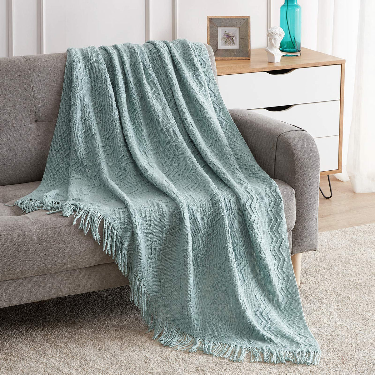 BOURINA Beige Throw Blanket 50x60 Inch Boho Knitted Soft Throw Sofa Blanket