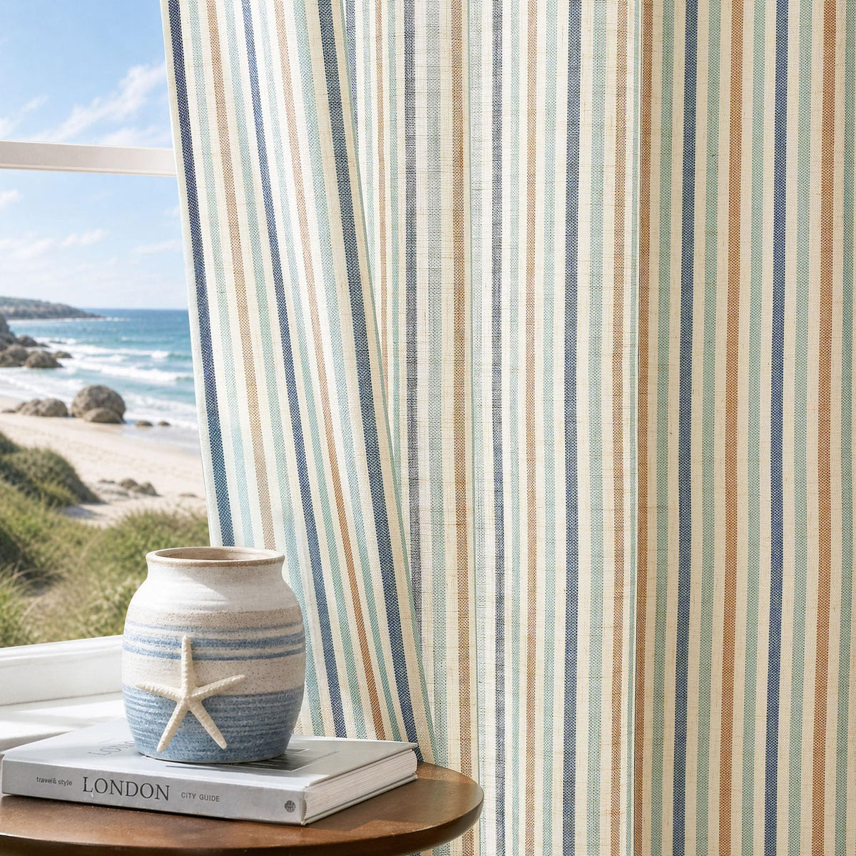 jinchan Linen Curtains 84 Inch Taupe Grey Stripe on Beige Grommet 2 Panels