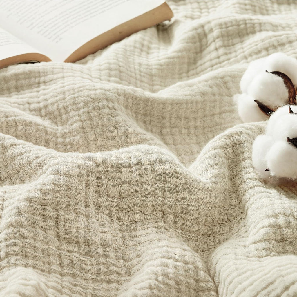 Bedsure 100% Cotton Muslin Blankets for Adults, Large Throw, Linen Beige