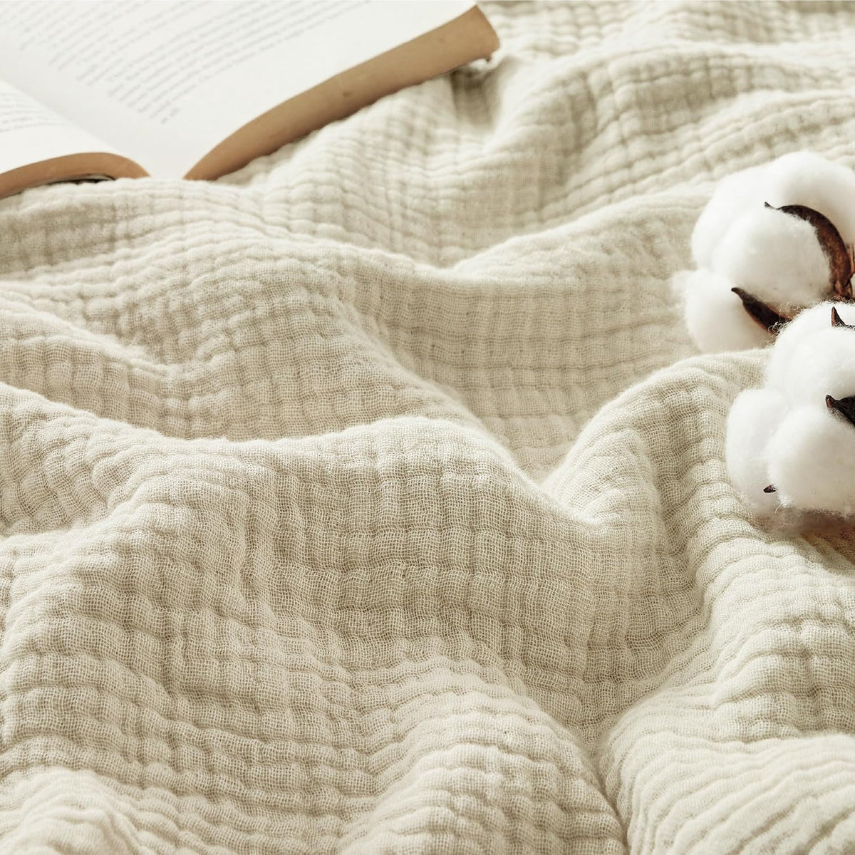Bedsure 100% Cotton Muslin Blankets for Adults, Large Throw, Linen Beige
