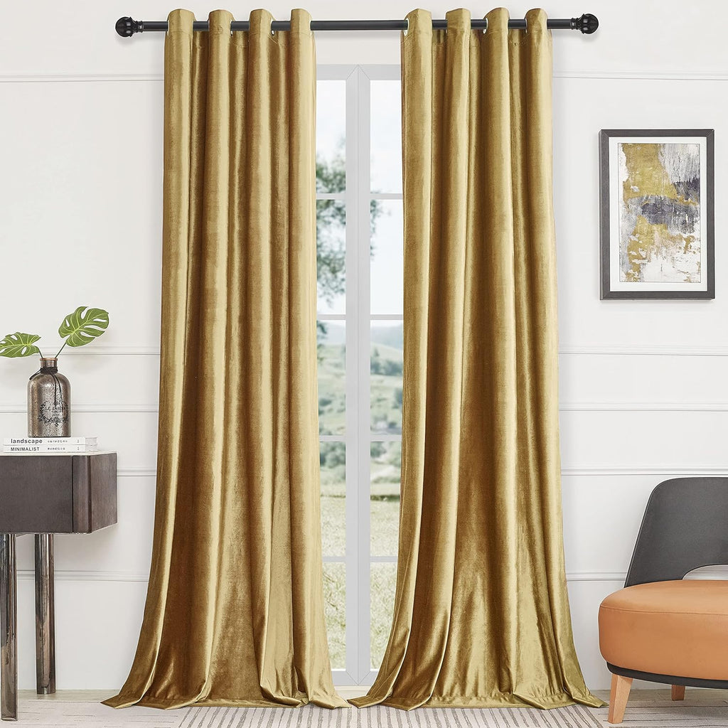 BULBUL Velvet Gold Grommet Blackout Curtains 84 inch Length for Living Room