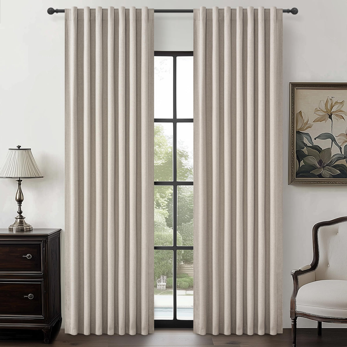 100% Blackout Curtains 84 Inch Length 2 Panels Set Farmhouse Style for Bedroom Windows/Living Room Thermal Insulated Neutral Boho Drapes Linen Blend Natural Ivory 7ft Long Hook Belt Pleated/Back Tab