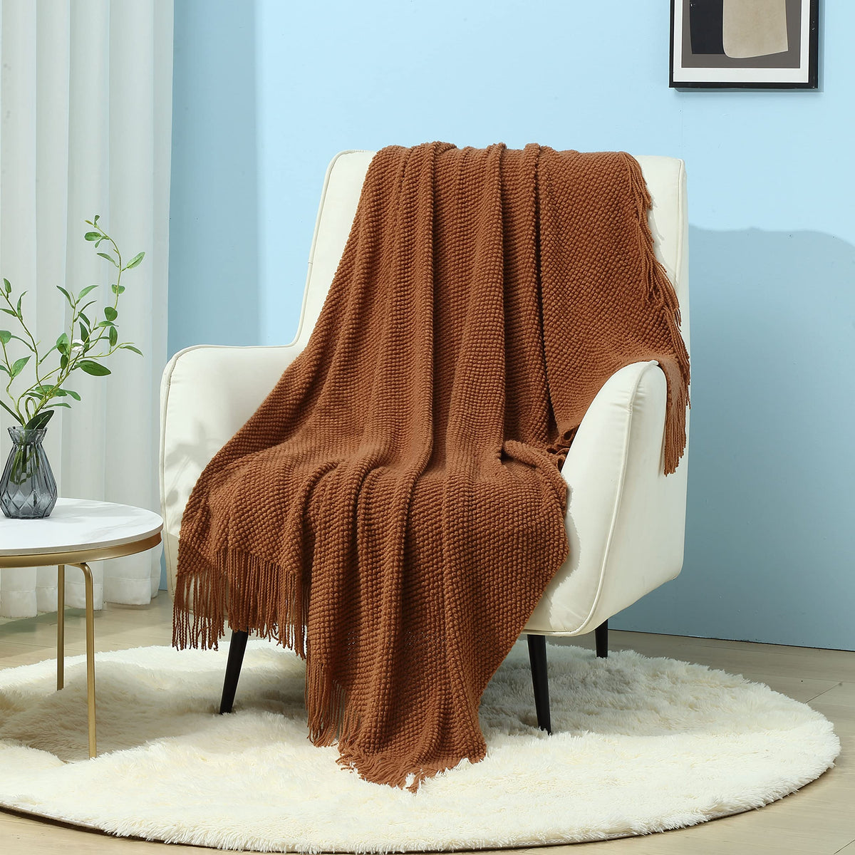 CREVENT Farmhouse Boho Knitted Throw Blanket for Couch Sofa Chair Bed Home Decoration, Soft Warm Cozy Light Weight for Spring Summer Fall (50''X60'' Off White/Ivory/Cream)