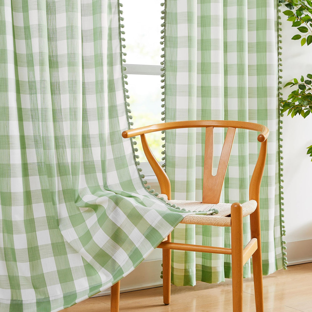White Black Buffalo Check Curtains with PomPoms 45" SemiSheer Country Plaid