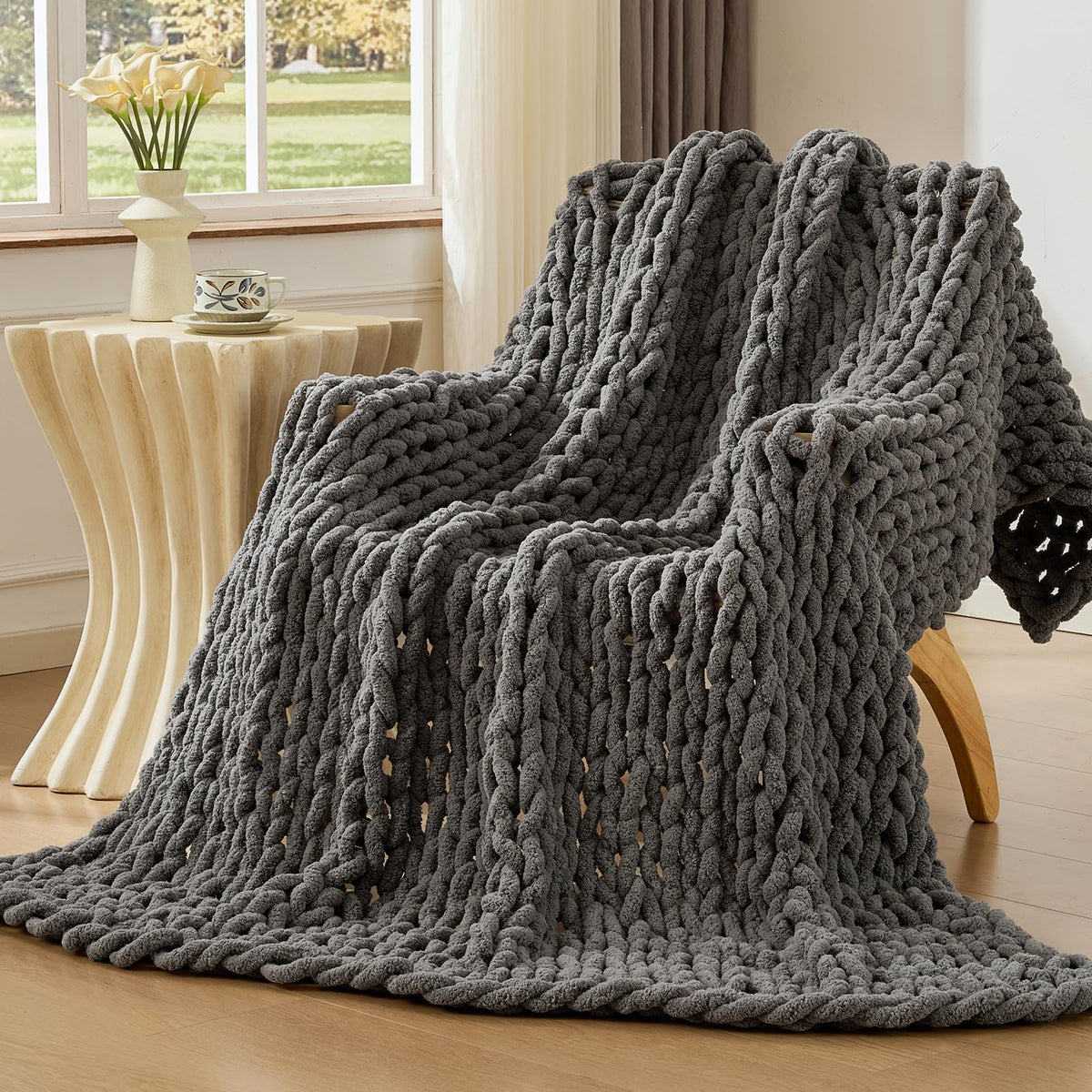 Bigacogo Chunky Knit Throw Blanket for Couch, 40x60 inches, Beige