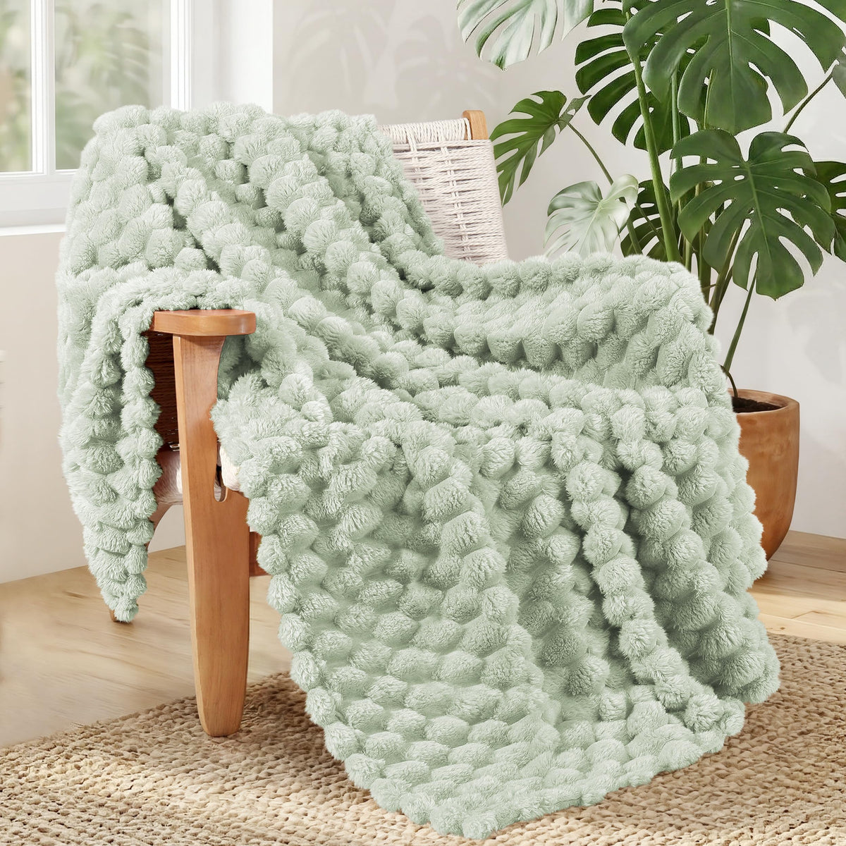Whale Flotilla Soft 3D Jacquard Fleece Throw Blanket for Couch & Bed, Ivory