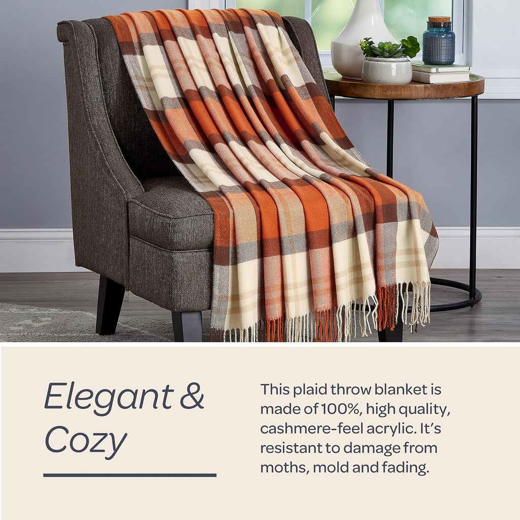 Lavish Home Oversized Throw Blanket for Couch, Spice Orange Plaid,60” x 70”