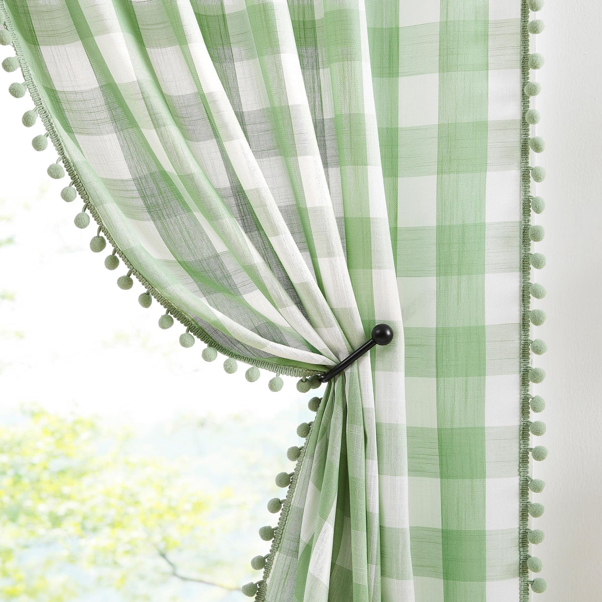 White Black Buffalo Check Curtains with PomPoms 45" SemiSheer Country Plaid