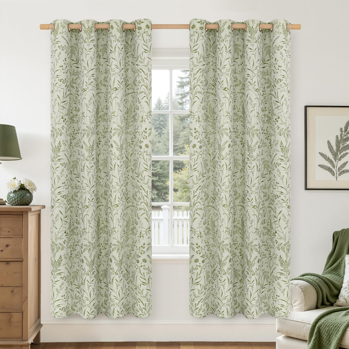 BGment Green Leaf Linen Curtains for Living Room 84 Inch Length 2 Panels