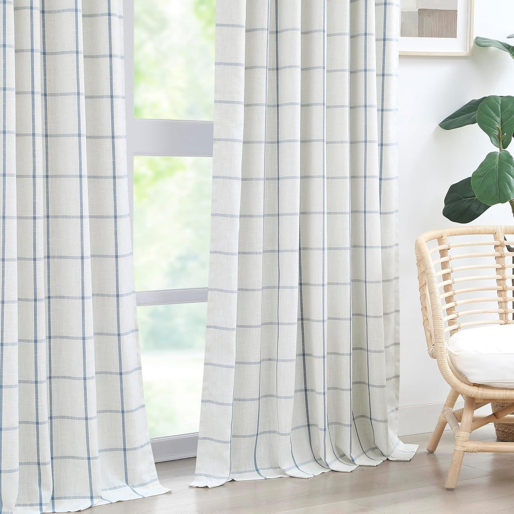 Vision Home Blue Plaid Linen Pinch Pleated Full Blackout Curtains 40Wx84Lx2
