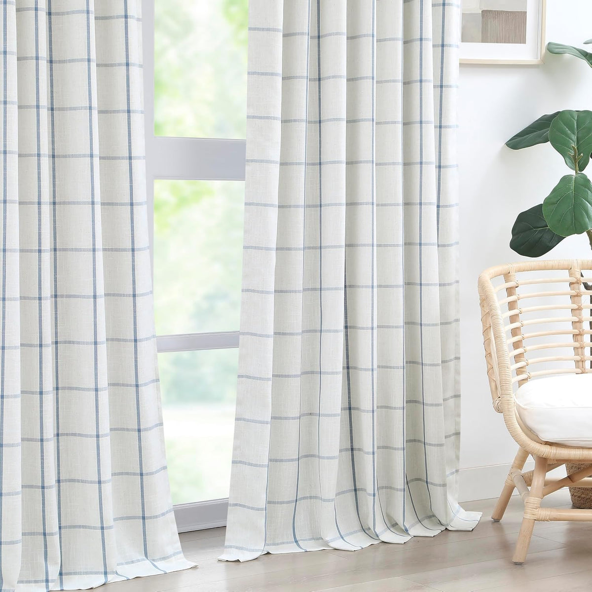 Vision Home Blue Plaid Linen Pinch Pleated Full Blackout Curtains 40Wx84Lx2