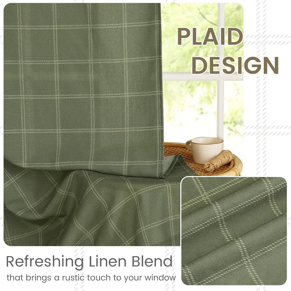 NICETOWN Moss Green Linen Plaid Curtains 96 inches Long for Bedroom