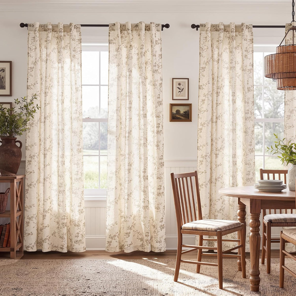 jinchan Taupe Floral Linen Curtains 84 Inch Farmhouse Back Tab 2 Panels