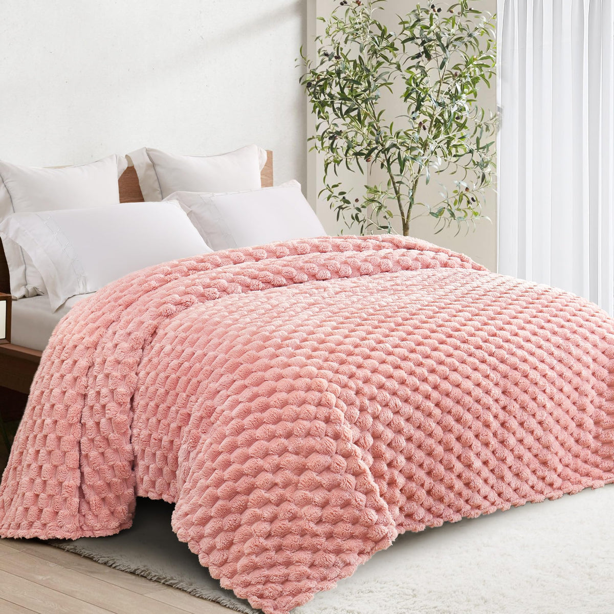 Whale Flotilla Soft 3D Jacquard Fleece Throw Blanket for Couch & Bed, Ivory