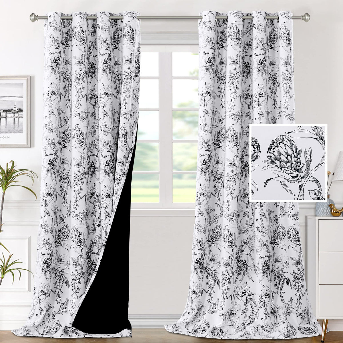 H.VERSAILTEX 100% Blackout Curtains 84 inch Length 2 Panels Set Cattleya Floral Printed Drapes Leah Floral Thermal Curtains for Bedroom with Black Liner Sound Proof Curtains, Grey and Taupe
