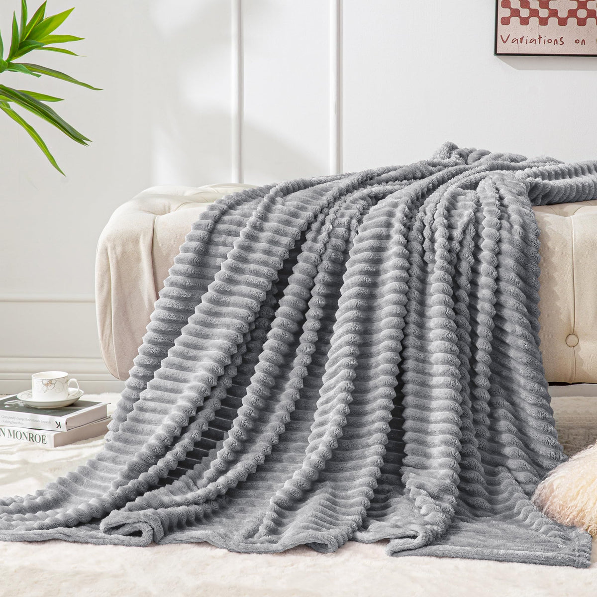 BEDELITE 3D Ribbed Jacquard Pink Fleece Throw Blanket for Couch, 50x60 Inch