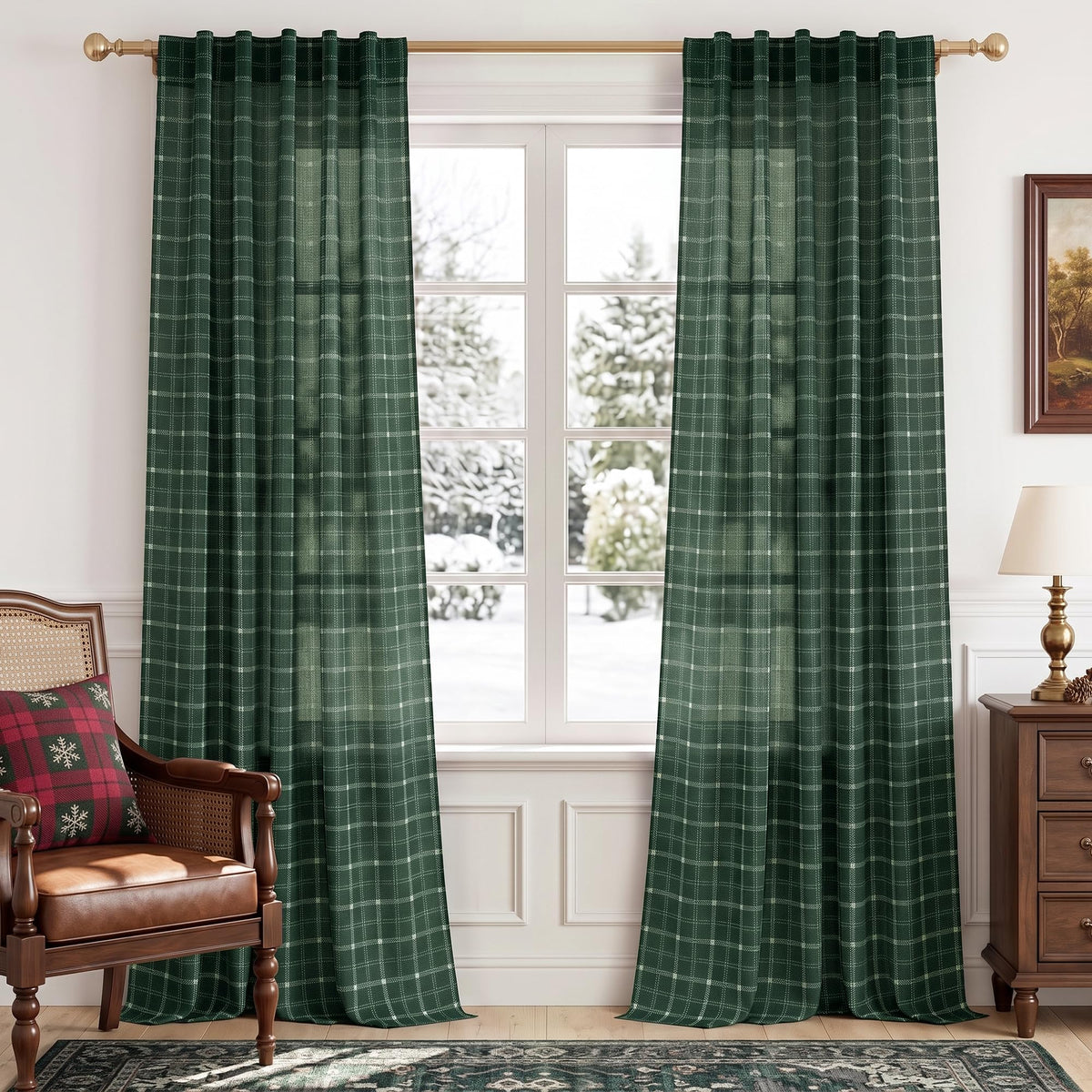 NICETOWN Moss Green Linen Plaid Curtains 96 inches Long for Bedroom