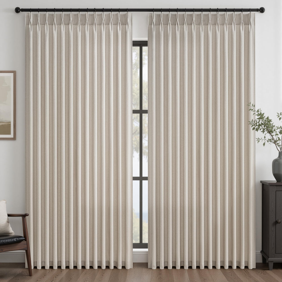 96 Inches Long Pinch Pleated Semi Sheer Curtains,Natural Linen Blended Light Filtering Window Curtains 96 Length for Living Room Bedroom Pinch Pleat Drapes with Hooks 2 Panels 72" Wx96 L